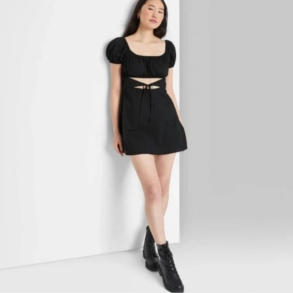 Black Puff Sleeve Cutout Dress
